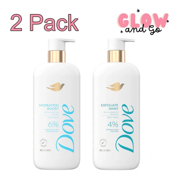 2 Pack - Dove Serum Body Wash - Hydration Boost & Exfoliate Away 18.5 oz - Picture 1 of 5